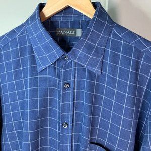 Canali Men's Blue Windowpane Cotton Button Down Shirt Italian Luxury Size XL